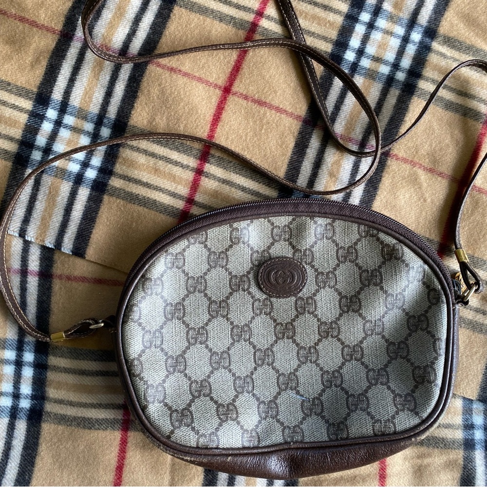 Gucci Vintage GG Oval Brown coated canvas/leather crossbody/shoulder Bag